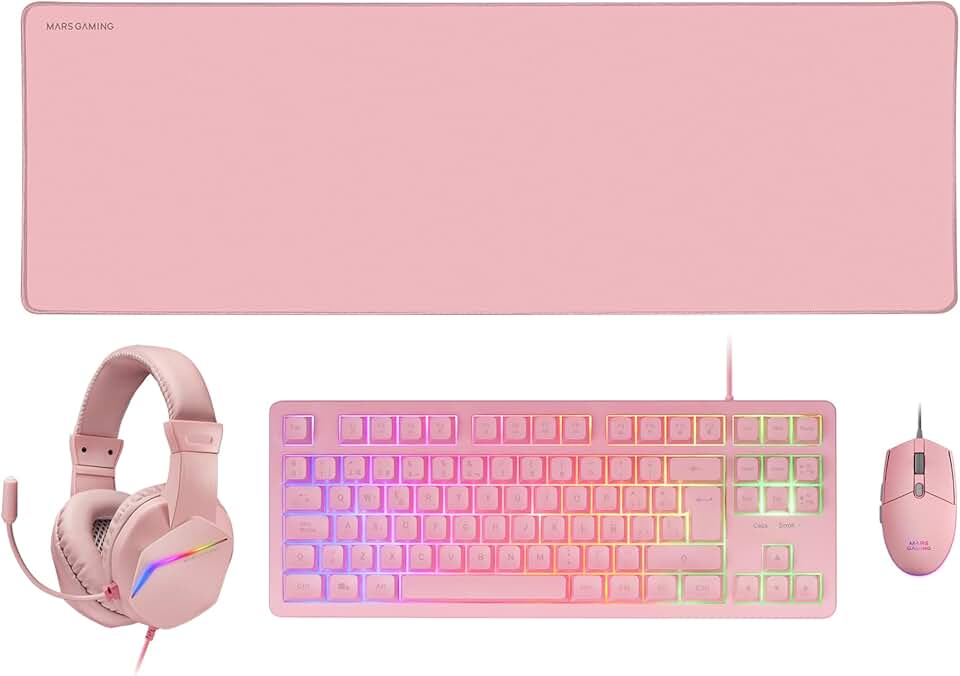 MARSGAMING MCP-RGB3, Gaming-Set: RGB-Tastatur + RGB-Maus 3200 DPI + Over-Ear-Headset + XXL-Mousepad, Pink, Spanische Sprache